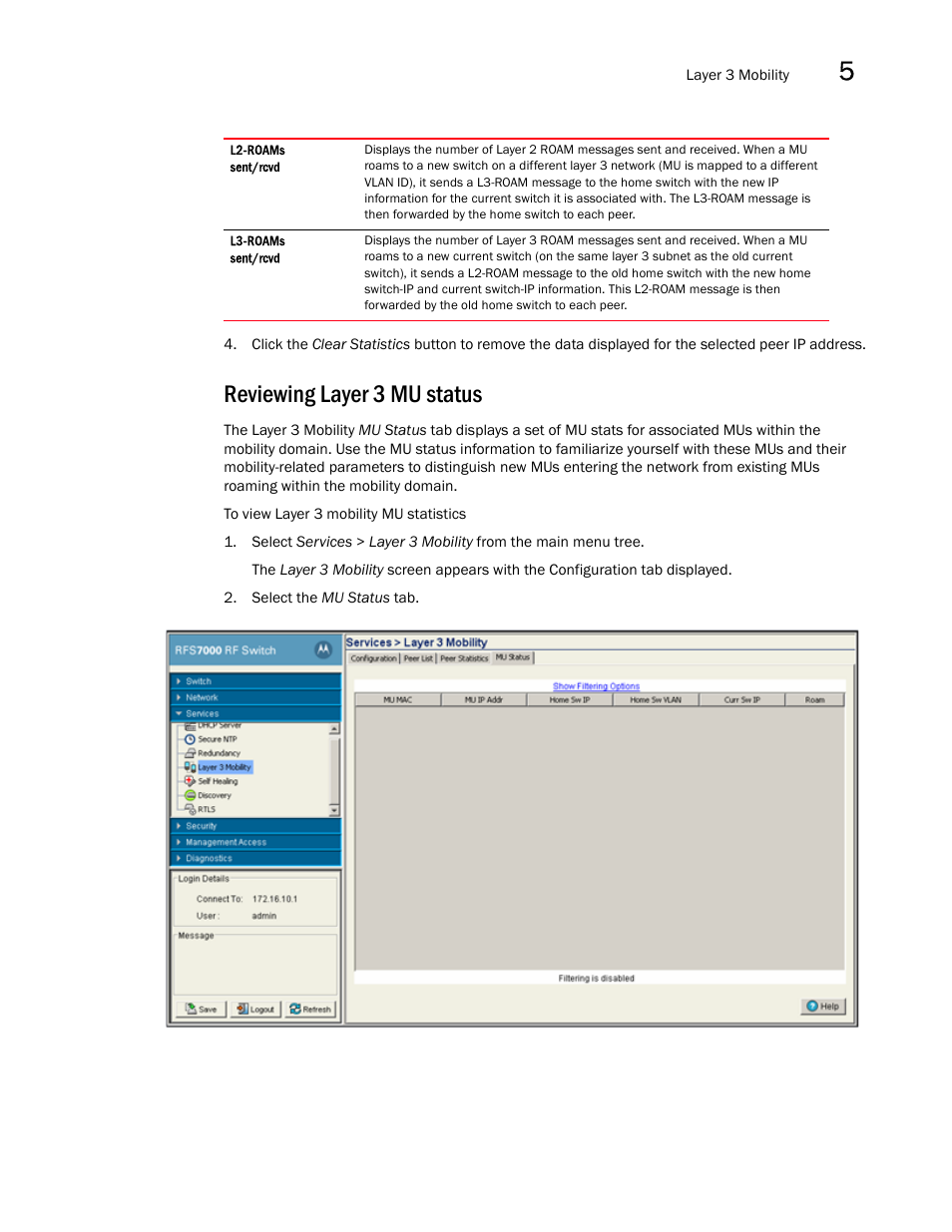 Reviewing layer 3 mu status | Brocade Mobility RFS7000-GR Controller System Reference Guide (Supporting software release 4.1.0.0-040GR and later) User Manual | Page 301 / 556