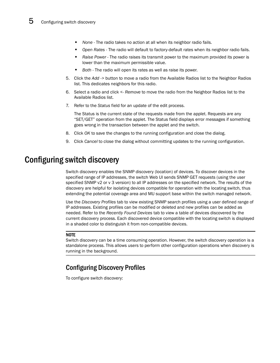 Configuring switch discovery, Configuring discovery profiles | Brocade Mobility RFS7000-GR Controller System Reference Guide (Supporting software release 4.1.0.0-040GR and later) User Manual | Page 306 / 556