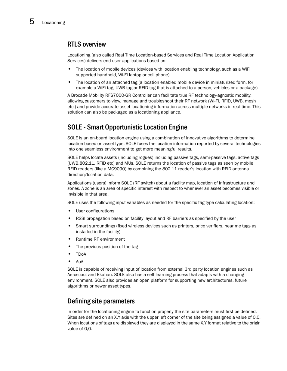 Rtls overview, Sole - smart opportunistic location engine, Defining site parameters | Brocade Mobility RFS7000-GR Controller System Reference Guide (Supporting software release 4.1.0.0-040GR and later) User Manual | Page 312 / 556