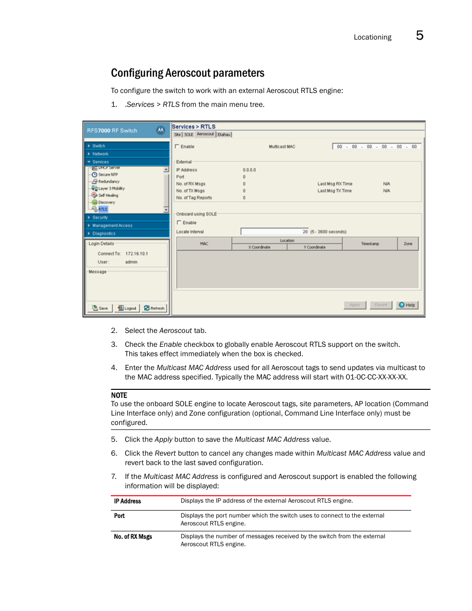 Configuring aeroscout parameters | Brocade Mobility RFS7000-GR Controller System Reference Guide (Supporting software release 4.1.0.0-040GR and later) User Manual | Page 317 / 556