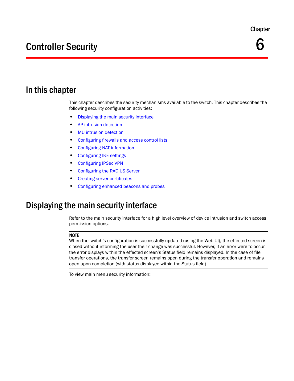 Controller security, In this chapter, Displaying the main security interface | 6 controller security | Brocade Mobility RFS7000-GR Controller System Reference Guide (Supporting software release 4.1.0.0-040GR and later) User Manual | Page 321 / 556