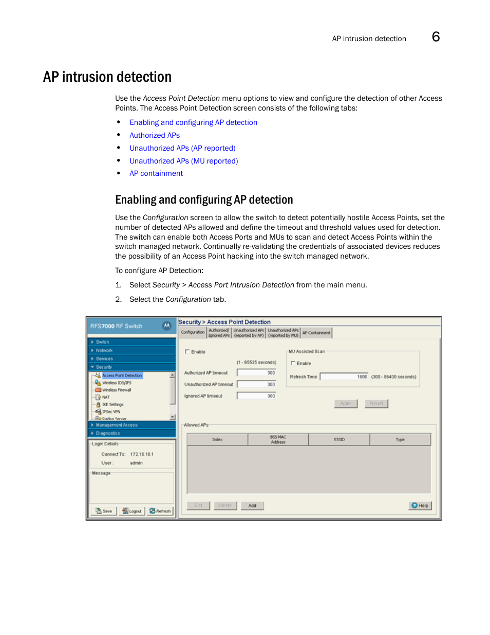 Ap intrusion detection, Enabling and configuring ap detection, Ap intrusion | Detection | Brocade Mobility RFS7000-GR Controller System Reference Guide (Supporting software release 4.1.0.0-040GR and later) User Manual | Page 323 / 556