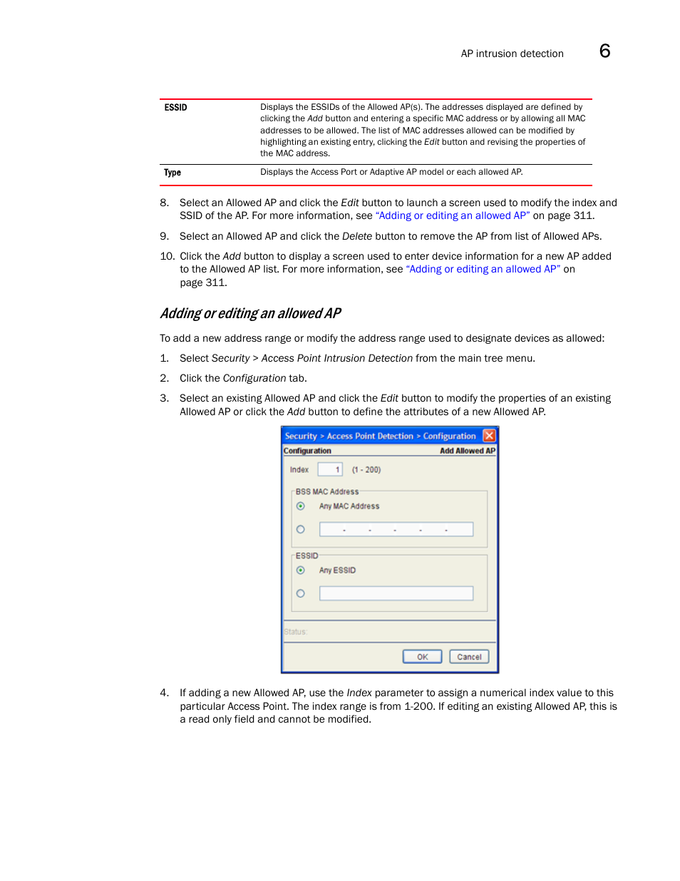 Adding or editing an allowed ap | Brocade Mobility RFS7000-GR Controller System Reference Guide (Supporting software release 4.1.0.0-040GR and later) User Manual | Page 325 / 556