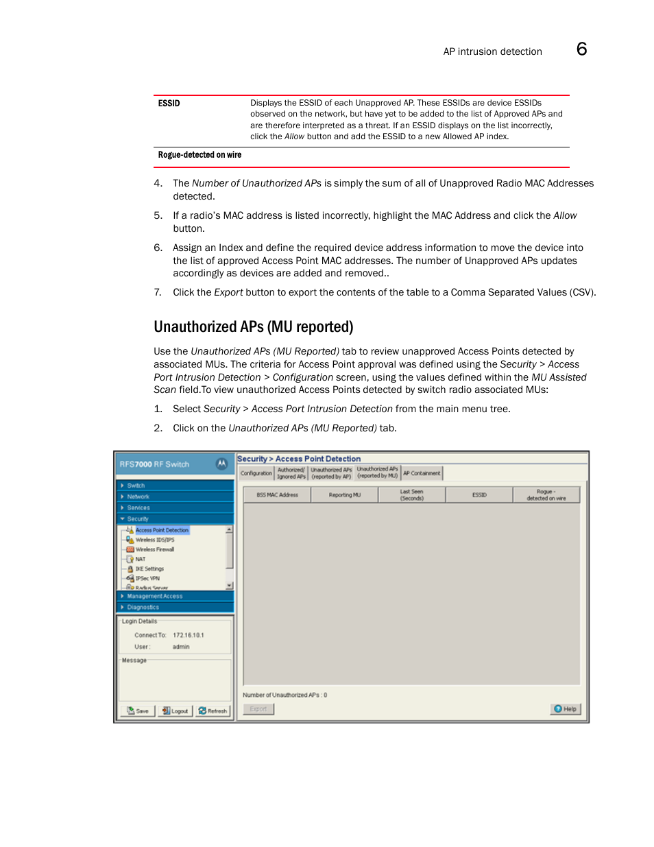 Unauthorized aps (mu reported) | Brocade Mobility RFS7000-GR Controller System Reference Guide (Supporting software release 4.1.0.0-040GR and later) User Manual | Page 329 / 556