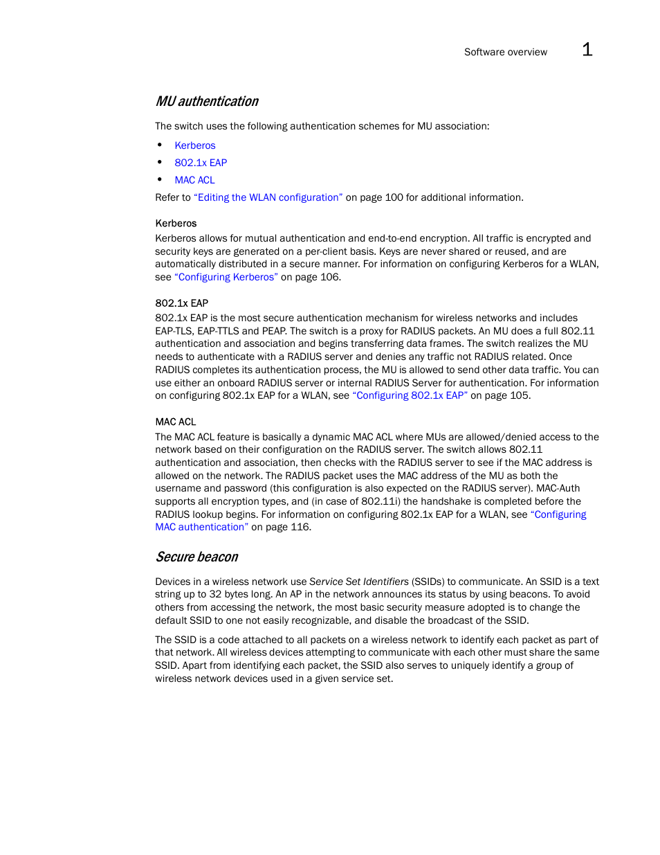 Mu authentication, Secure beacon | Brocade Mobility RFS7000-GR Controller System Reference Guide (Supporting software release 4.1.0.0-040GR and later) User Manual | Page 33 / 556