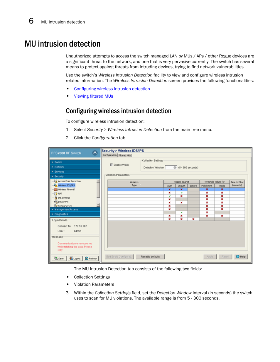 Mu intrusion detection, Configuring wireless intrusion detection | Brocade Mobility RFS7000-GR Controller System Reference Guide (Supporting software release 4.1.0.0-040GR and later) User Manual | Page 332 / 556