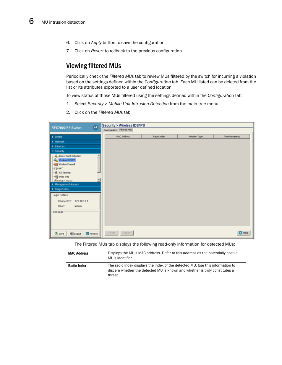 Viewing filtered mus | Brocade Mobility RFS7000-GR Controller System Reference Guide (Supporting software release 4.1.0.0-040GR and later) User Manual | Page 334 / 556