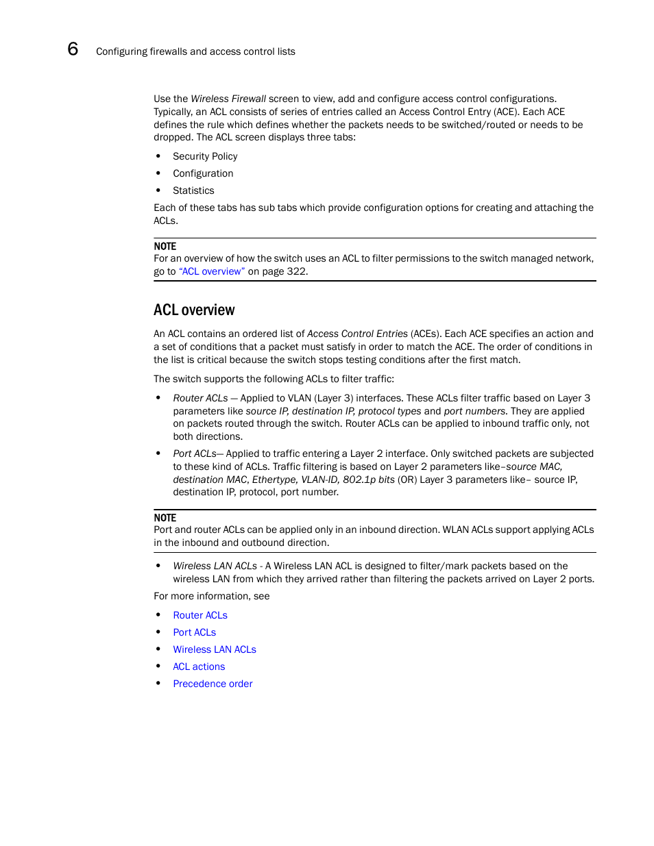 Acl overview | Brocade Mobility RFS7000-GR Controller System Reference Guide (Supporting software release 4.1.0.0-040GR and later) User Manual | Page 336 / 556