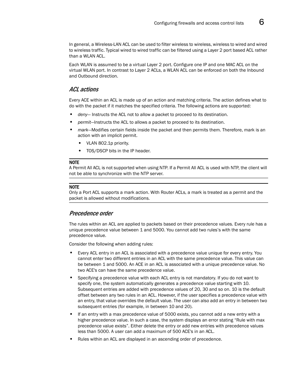 Acl actions, Precedence order | Brocade Mobility RFS7000-GR Controller System Reference Guide (Supporting software release 4.1.0.0-040GR and later) User Manual | Page 339 / 556