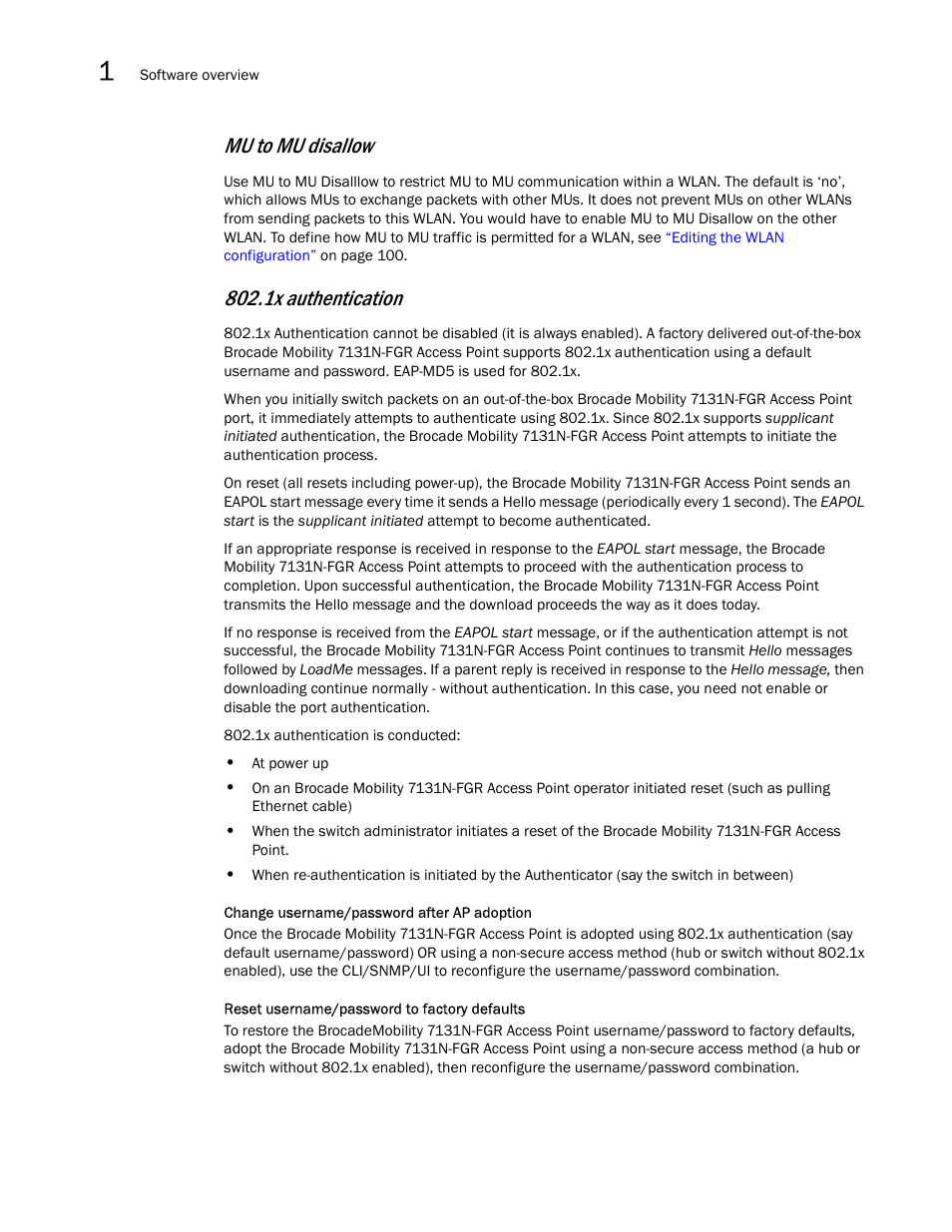 Mu to mu disallow, 1x authentication | Brocade Mobility RFS7000-GR Controller System Reference Guide (Supporting software release 4.1.0.0-040GR and later) User Manual | Page 34 / 556