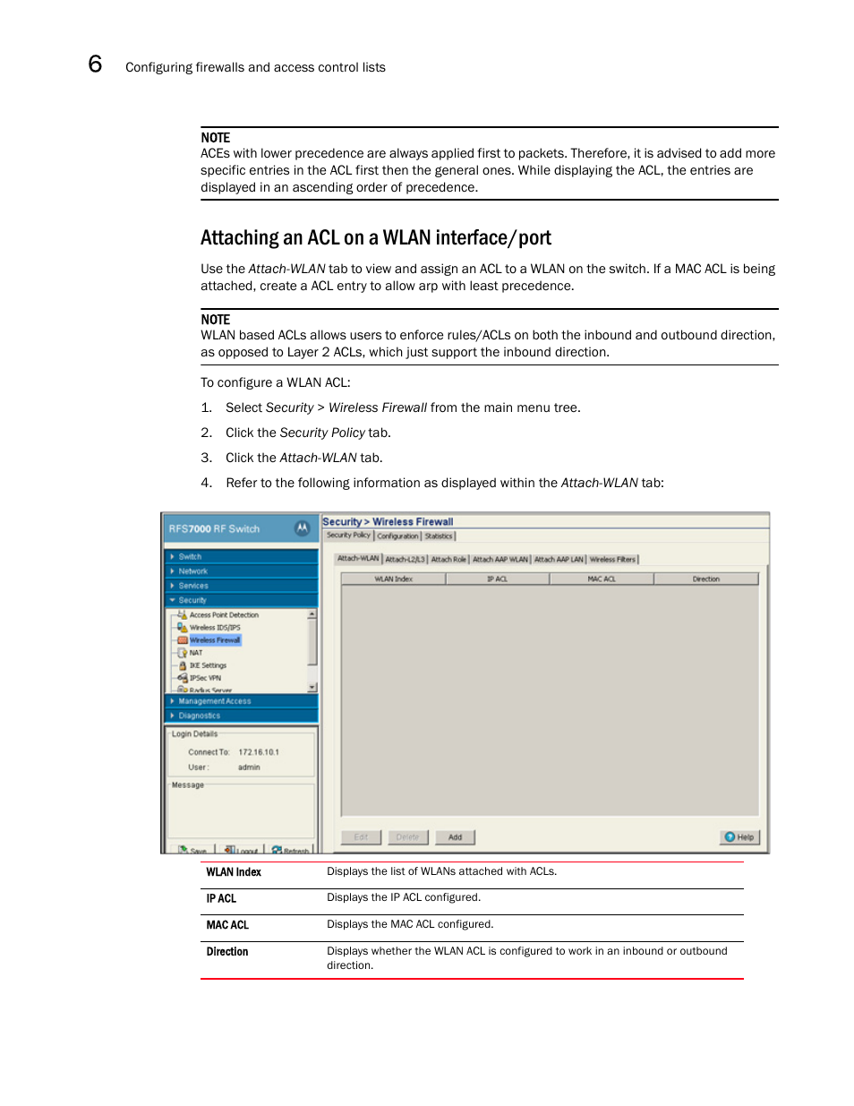 Attaching an acl on a wlan interface/port | Brocade Mobility RFS7000-GR Controller System Reference Guide (Supporting software release 4.1.0.0-040GR and later) User Manual | Page 340 / 556