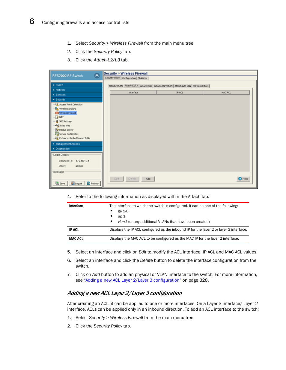 Adding a new acl layer 2/layer 3 configuration | Brocade Mobility RFS7000-GR Controller System Reference Guide (Supporting software release 4.1.0.0-040GR and later) User Manual | Page 342 / 556