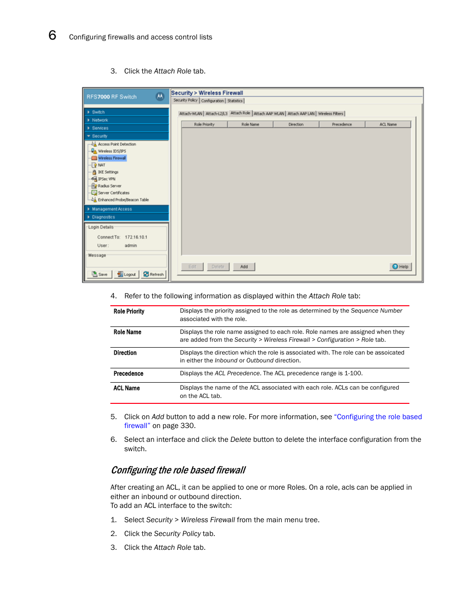 Configuring the role based firewall | Brocade Mobility RFS7000-GR Controller System Reference Guide (Supporting software release 4.1.0.0-040GR and later) User Manual | Page 344 / 556