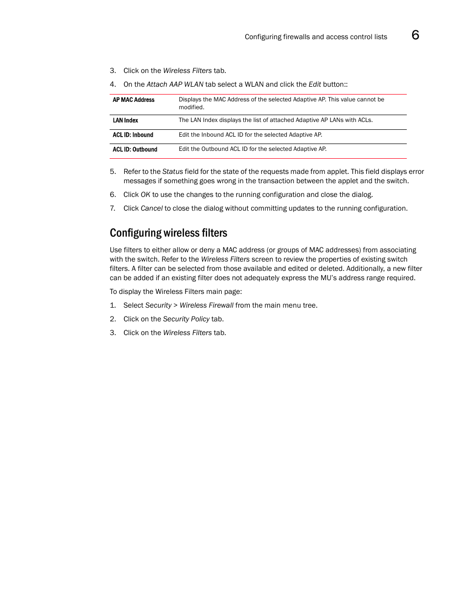 Configuring wireless filters | Brocade Mobility RFS7000-GR Controller System Reference Guide (Supporting software release 4.1.0.0-040GR and later) User Manual | Page 349 / 556