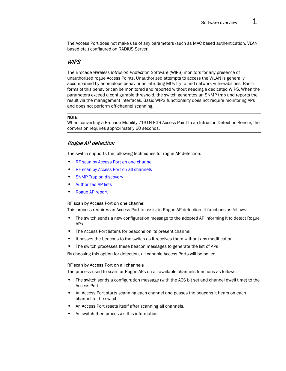 Wips, Rogue ap detection | Brocade Mobility RFS7000-GR Controller System Reference Guide (Supporting software release 4.1.0.0-040GR and later) User Manual | Page 35 / 556