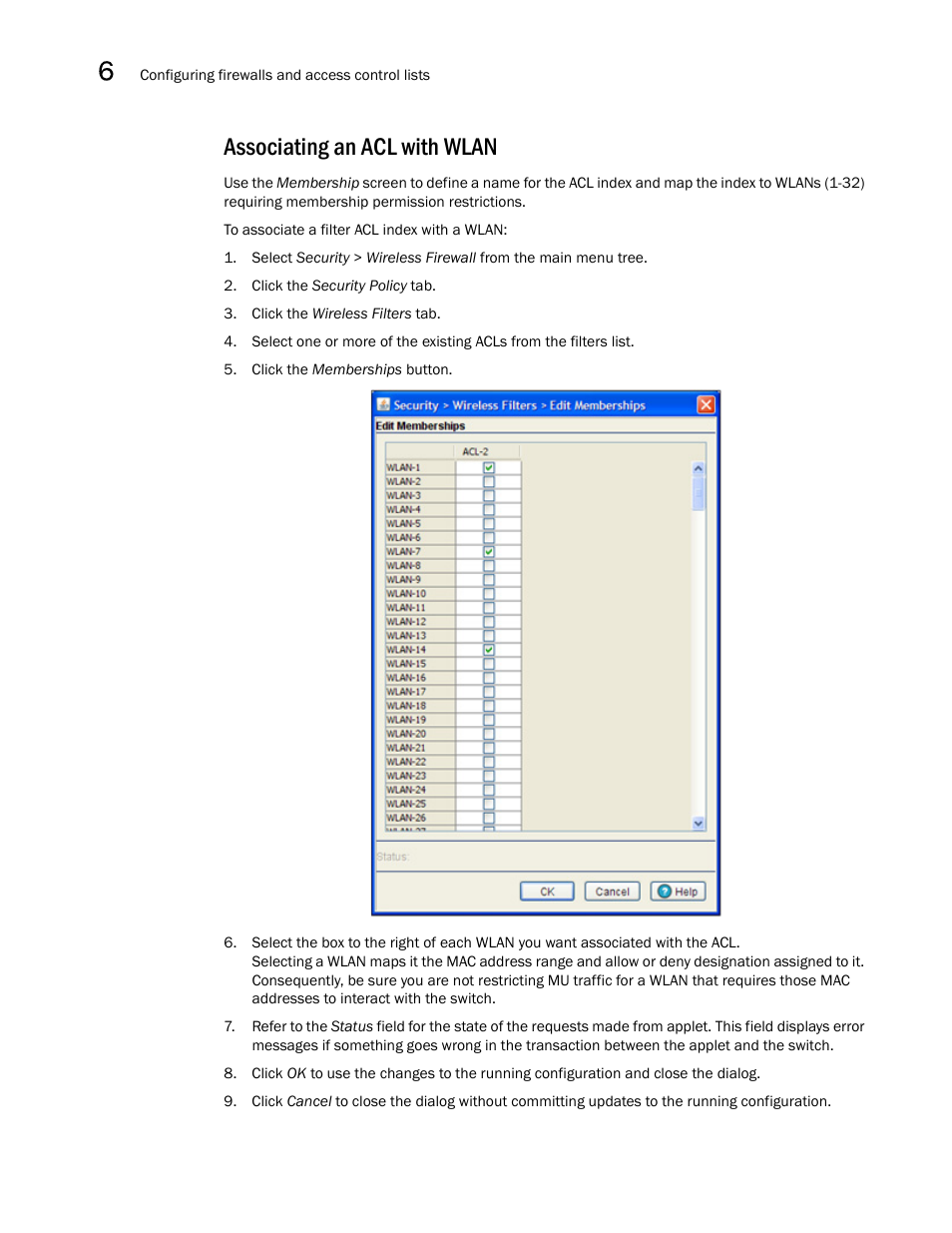 Associating an acl with wlan | Brocade Mobility RFS7000-GR Controller System Reference Guide (Supporting software release 4.1.0.0-040GR and later) User Manual | Page 354 / 556