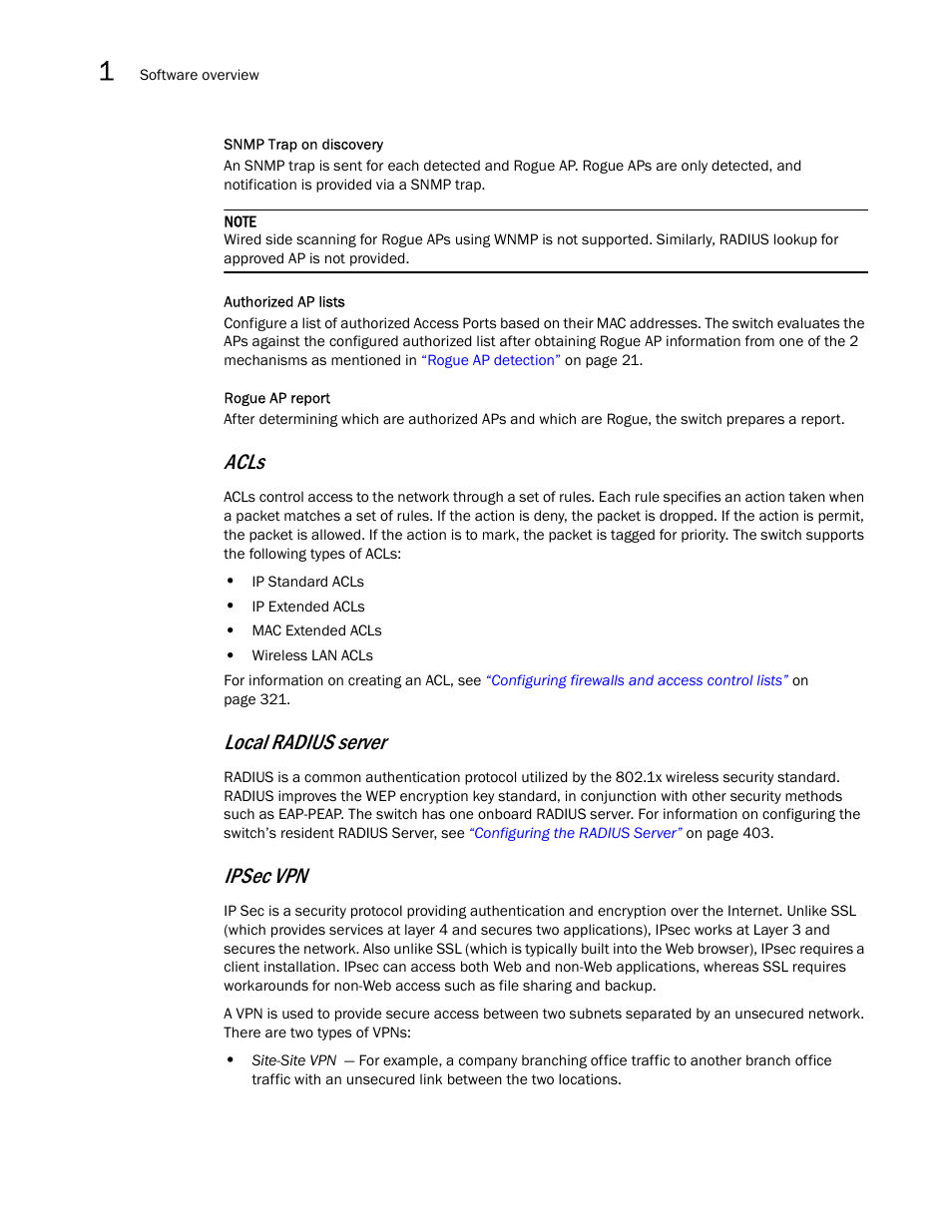 Acls, Local radius server, Ipsec vpn | Snmp trap on discovery, Authorized ap lists, Rogue ap report | Brocade Mobility RFS7000-GR Controller System Reference Guide (Supporting software release 4.1.0.0-040GR and later) User Manual | Page 36 / 556