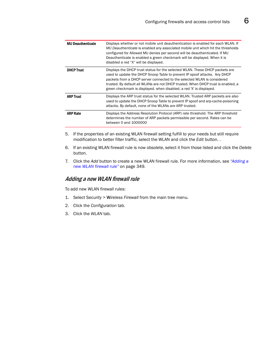 Adding a new wlan firewall rule | Brocade Mobility RFS7000-GR Controller System Reference Guide (Supporting software release 4.1.0.0-040GR and later) User Manual | Page 363 / 556