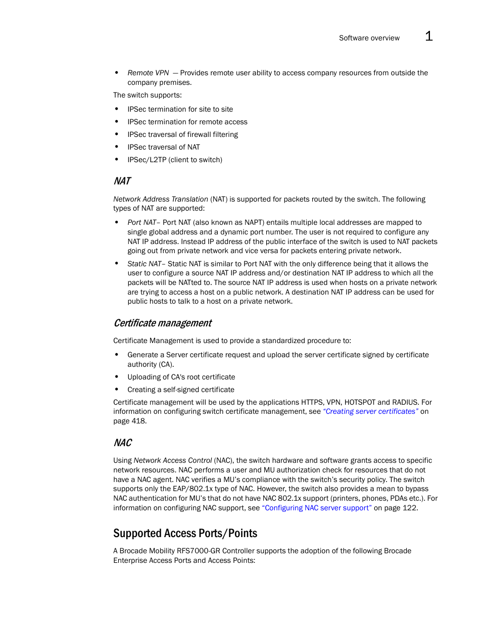 Supported access ports/points, Certificate management | Brocade Mobility RFS7000-GR Controller System Reference Guide (Supporting software release 4.1.0.0-040GR and later) User Manual | Page 37 / 556