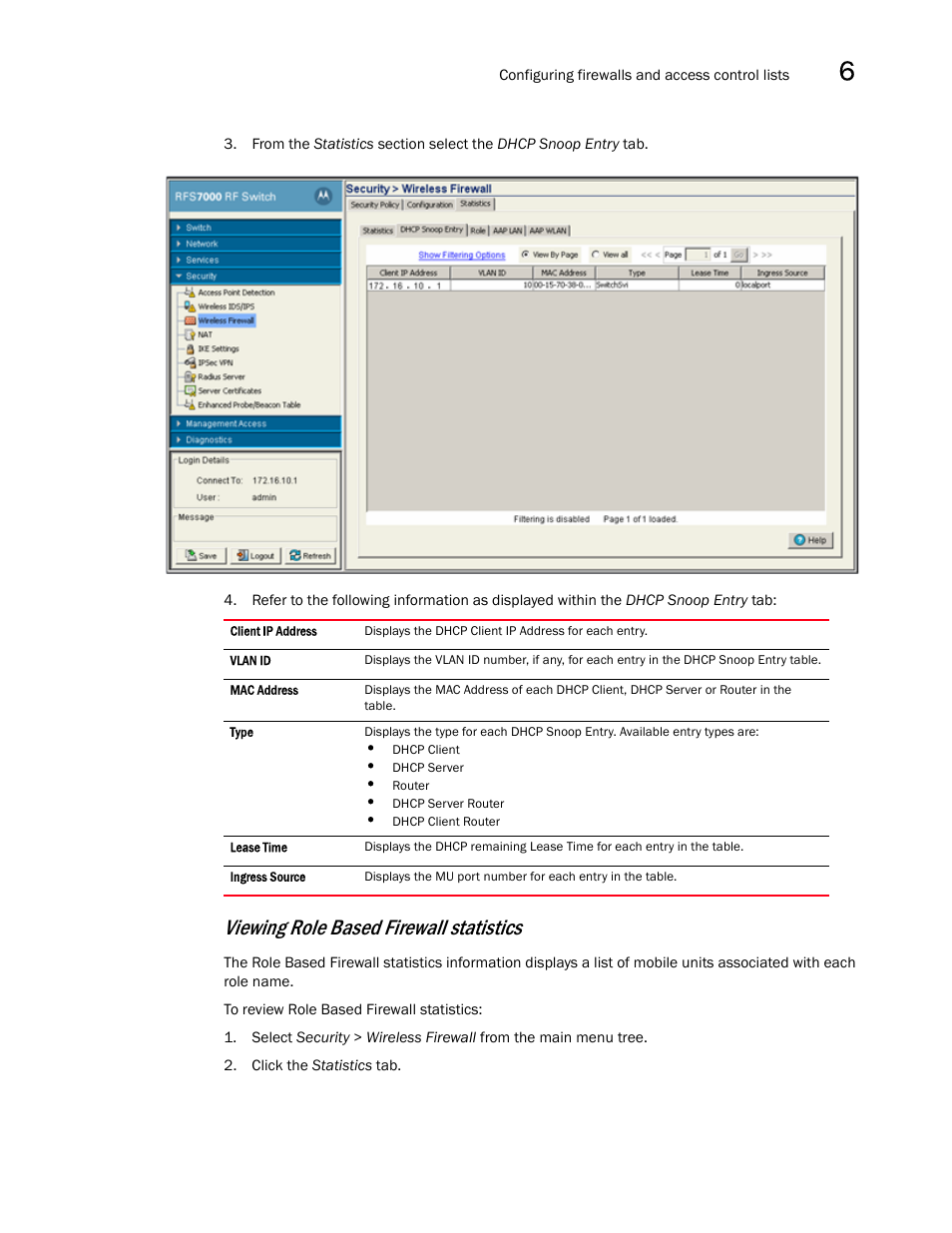 Viewing role based firewall statistics | Brocade Mobility RFS7000-GR Controller System Reference Guide (Supporting software release 4.1.0.0-040GR and later) User Manual | Page 375 / 556