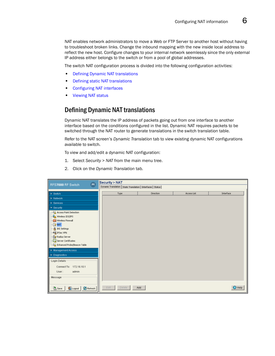 Defining dynamic nat translations | Brocade Mobility RFS7000-GR Controller System Reference Guide (Supporting software release 4.1.0.0-040GR and later) User Manual | Page 379 / 556