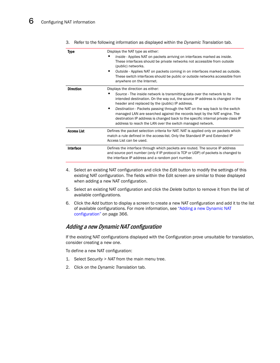 Adding a new dynamic nat configuration | Brocade Mobility RFS7000-GR Controller System Reference Guide (Supporting software release 4.1.0.0-040GR and later) User Manual | Page 380 / 556