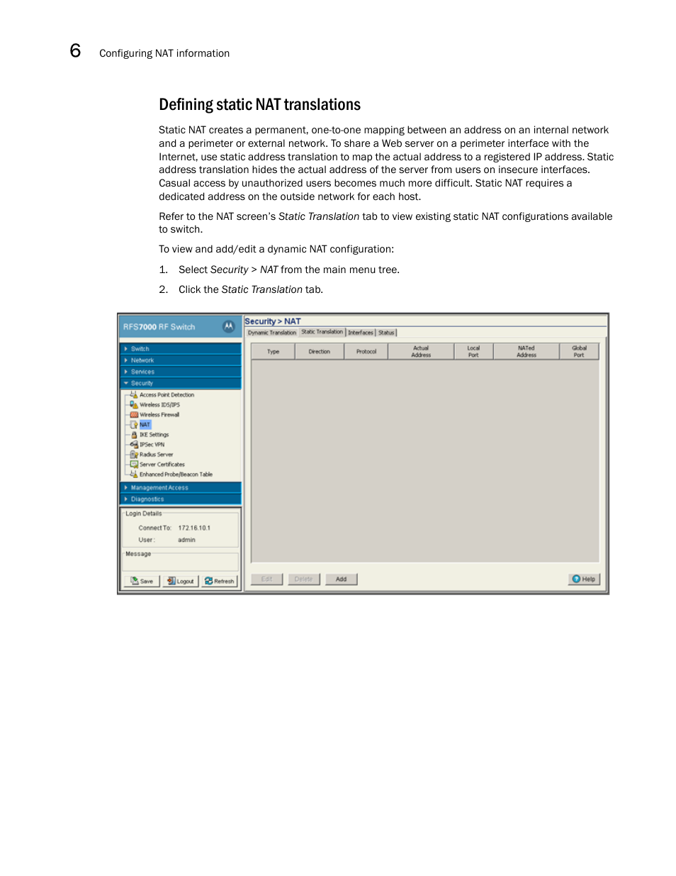 Defining static nat translations | Brocade Mobility RFS7000-GR Controller System Reference Guide (Supporting software release 4.1.0.0-040GR and later) User Manual | Page 382 / 556