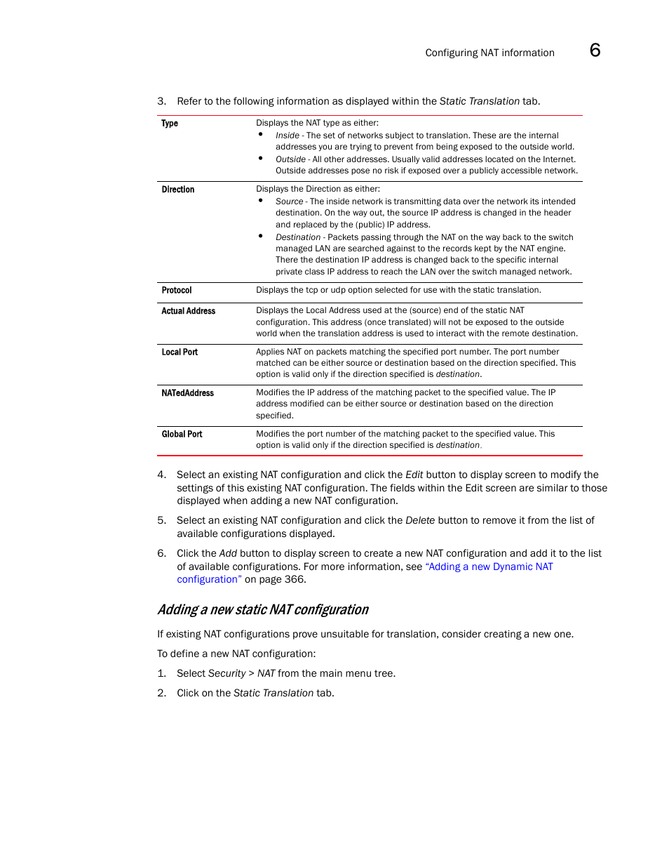 Adding a new static nat configuration | Brocade Mobility RFS7000-GR Controller System Reference Guide (Supporting software release 4.1.0.0-040GR and later) User Manual | Page 383 / 556