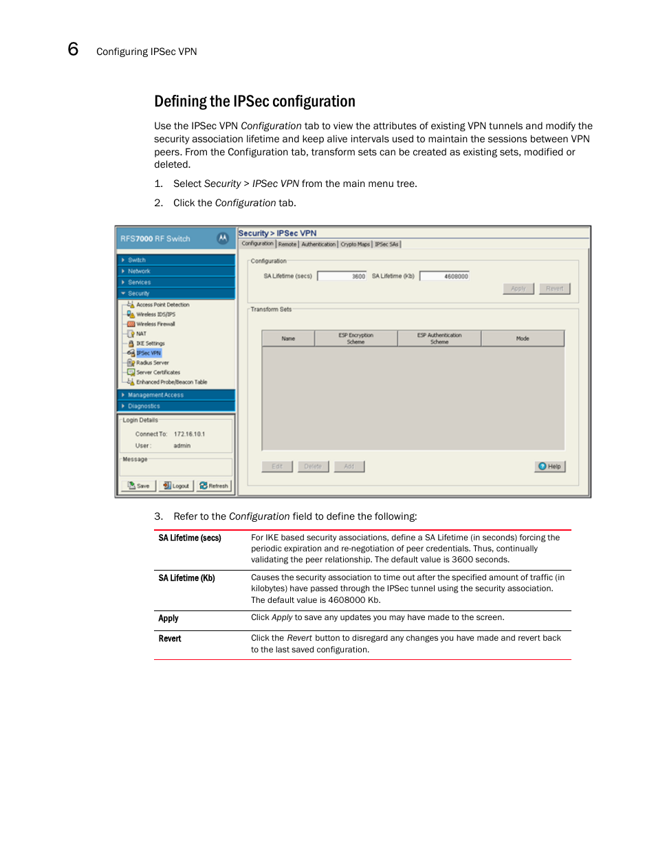 Defining the ipsec configuration | Brocade Mobility RFS7000-GR Controller System Reference Guide (Supporting software release 4.1.0.0-040GR and later) User Manual | Page 398 / 556