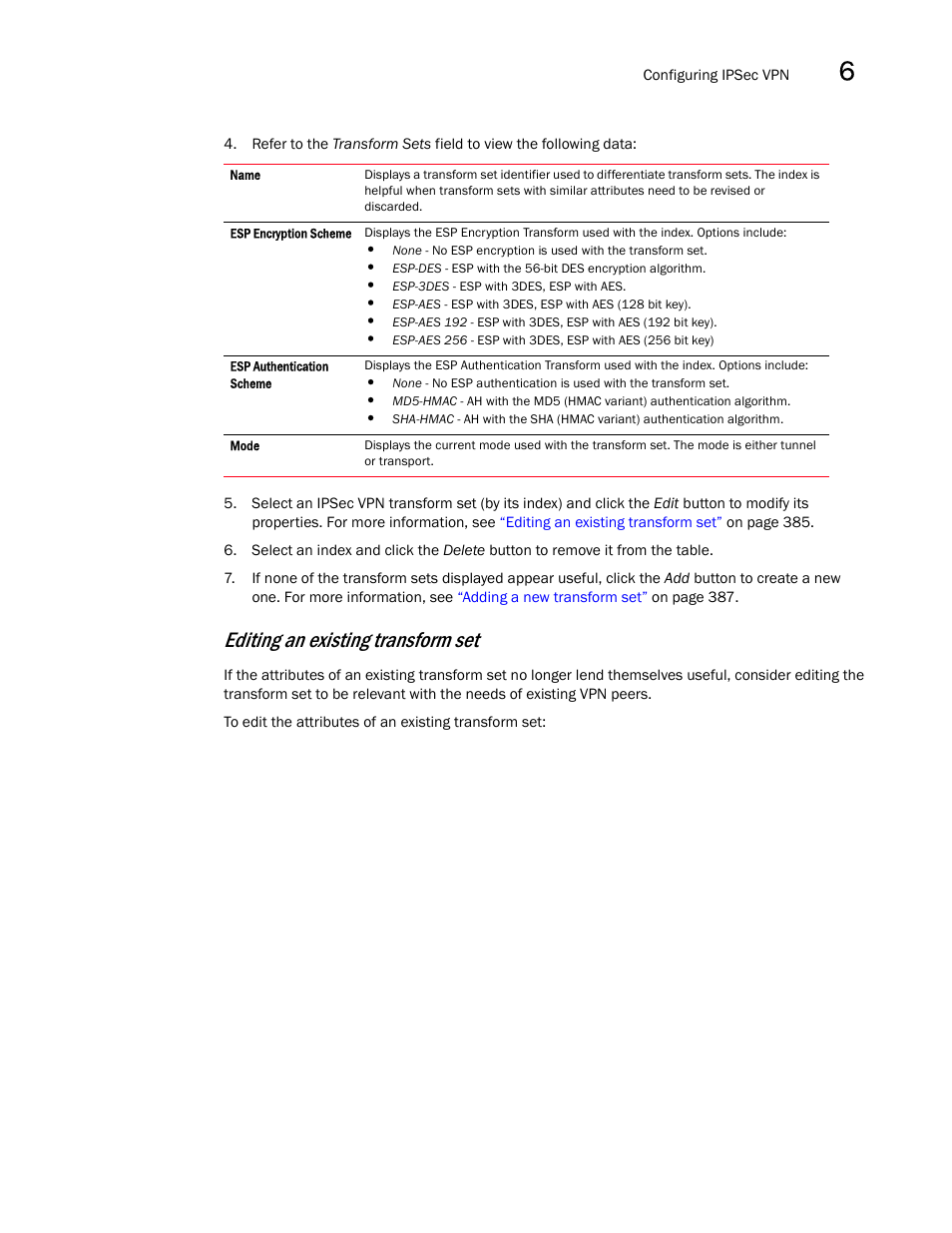 Editing an existing transform set | Brocade Mobility RFS7000-GR Controller System Reference Guide (Supporting software release 4.1.0.0-040GR and later) User Manual | Page 399 / 556