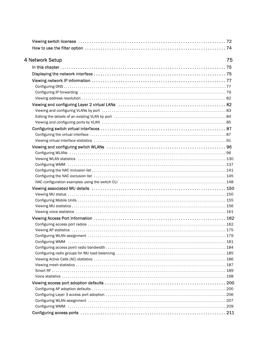 4 network setup 75 | Brocade Mobility RFS7000-GR Controller System Reference Guide (Supporting software release 4.1.0.0-040GR and later) User Manual | Page 4 / 556