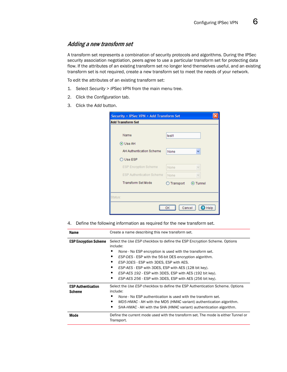 Adding a new transform set | Brocade Mobility RFS7000-GR Controller System Reference Guide (Supporting software release 4.1.0.0-040GR and later) User Manual | Page 401 / 556