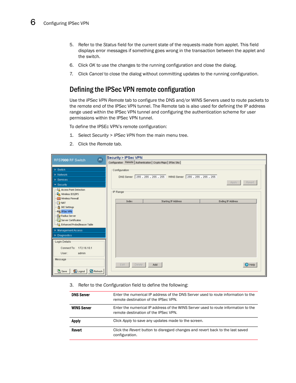 Defining the ipsec vpn remote configuration | Brocade Mobility RFS7000-GR Controller System Reference Guide (Supporting software release 4.1.0.0-040GR and later) User Manual | Page 402 / 556