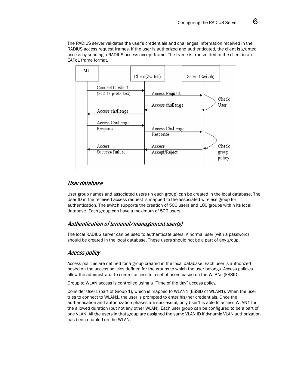 User database, Authentication of terminal/management user(s), Access policy | Brocade Mobility RFS7000-GR Controller System Reference Guide (Supporting software release 4.1.0.0-040GR and later) User Manual | Page 419 / 556