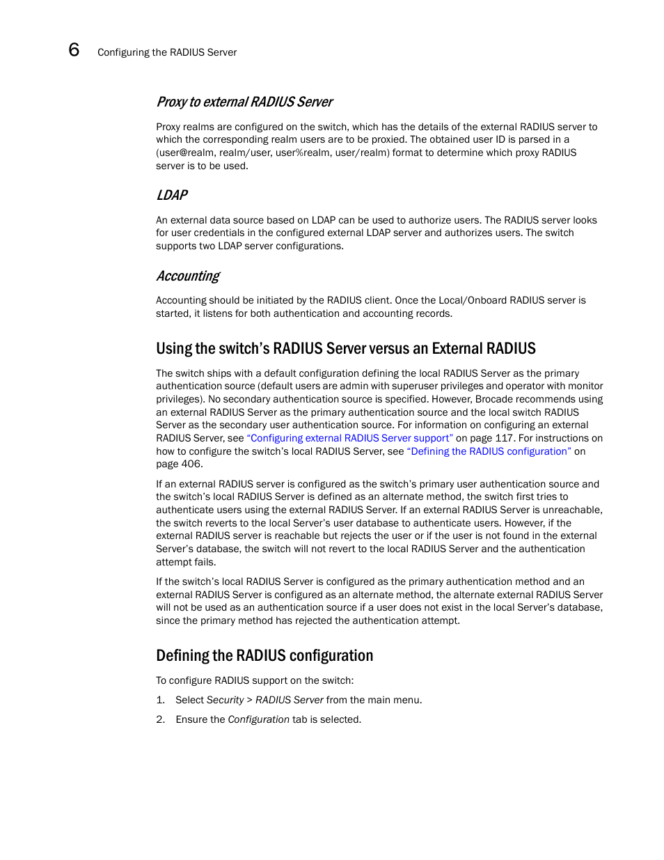 Defining the radius configuration, Proxy to external radius server, Ldap | Accounting | Brocade Mobility RFS7000-GR Controller System Reference Guide (Supporting software release 4.1.0.0-040GR and later) User Manual | Page 420 / 556