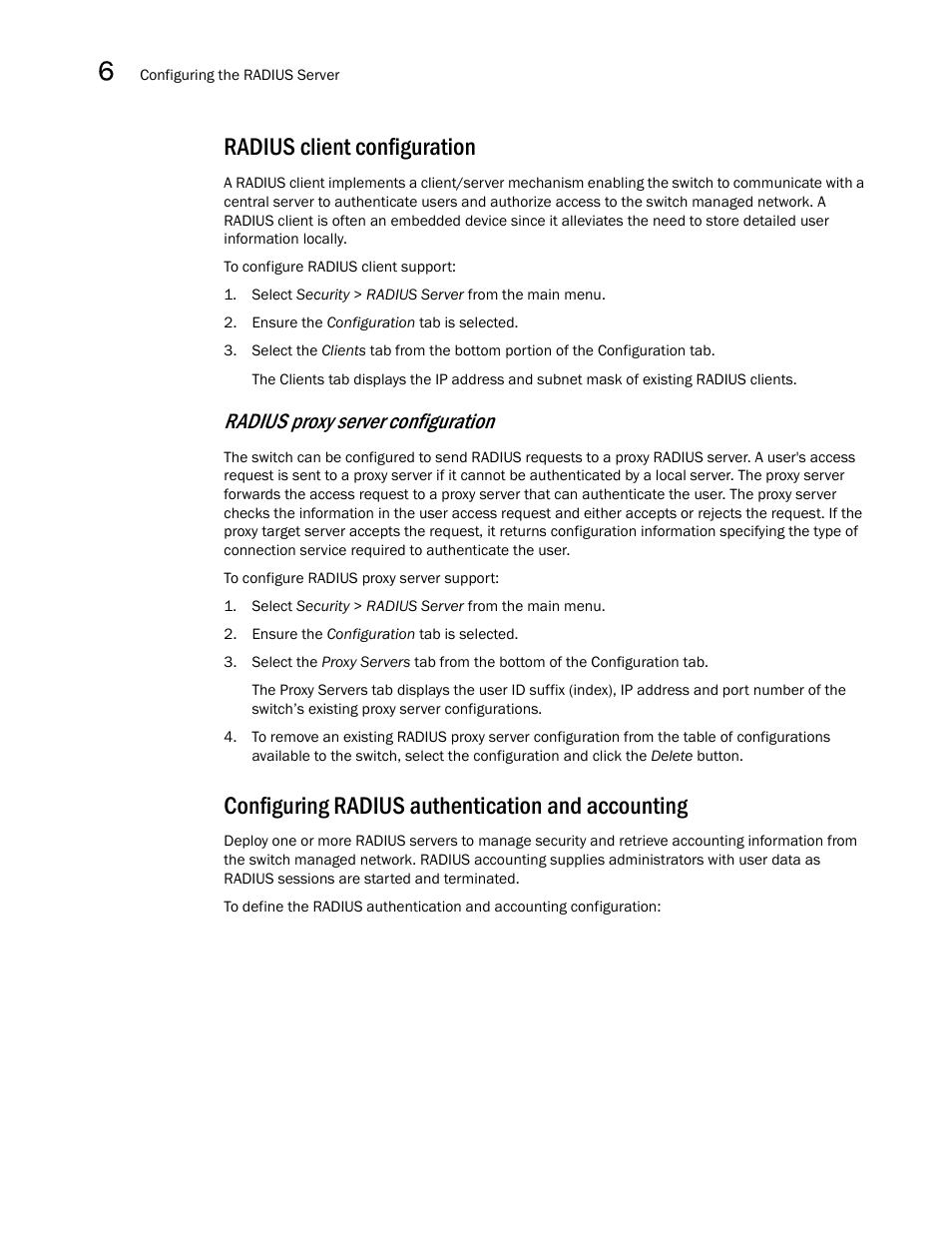 Radius client configuration, Configuring radius authentication and accounting, Radius proxy server configuration | Brocade Mobility RFS7000-GR Controller System Reference Guide (Supporting software release 4.1.0.0-040GR and later) User Manual | Page 422 / 556