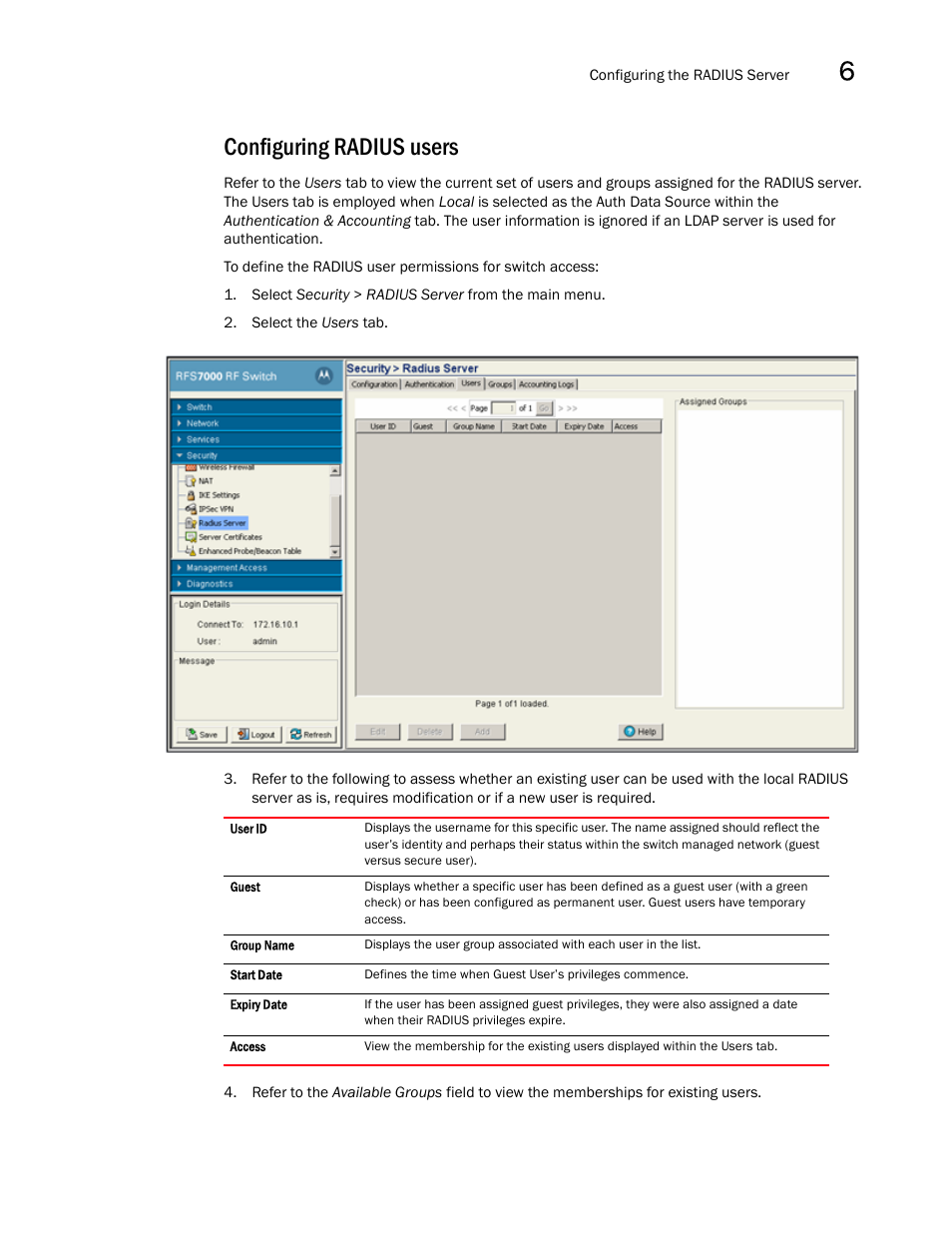 Configuring radius users | Brocade Mobility RFS7000-GR Controller System Reference Guide (Supporting software release 4.1.0.0-040GR and later) User Manual | Page 425 / 556