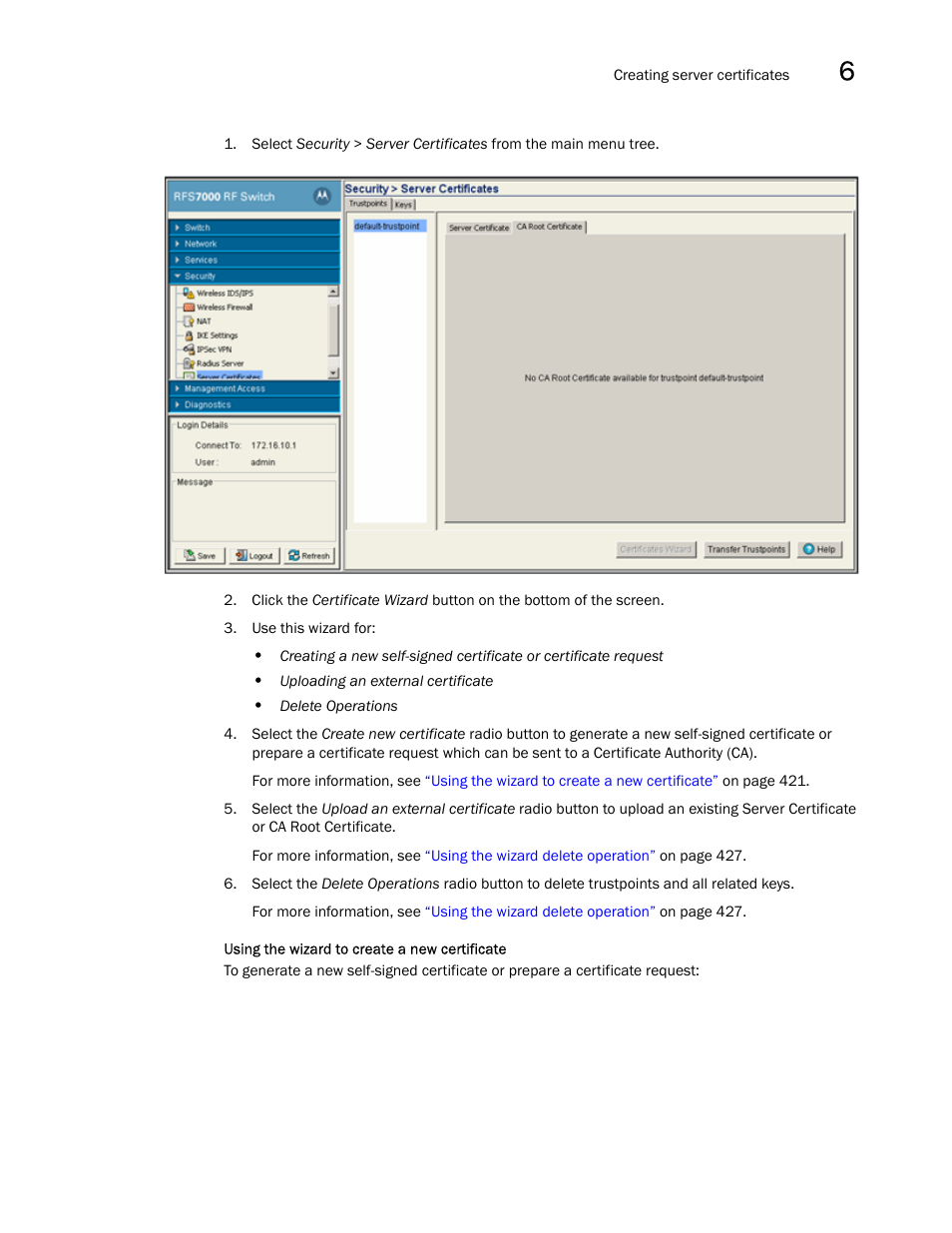 Using the wizard to create a new certificate | Brocade Mobility RFS7000-GR Controller System Reference Guide (Supporting software release 4.1.0.0-040GR and later) User Manual | Page 435 / 556