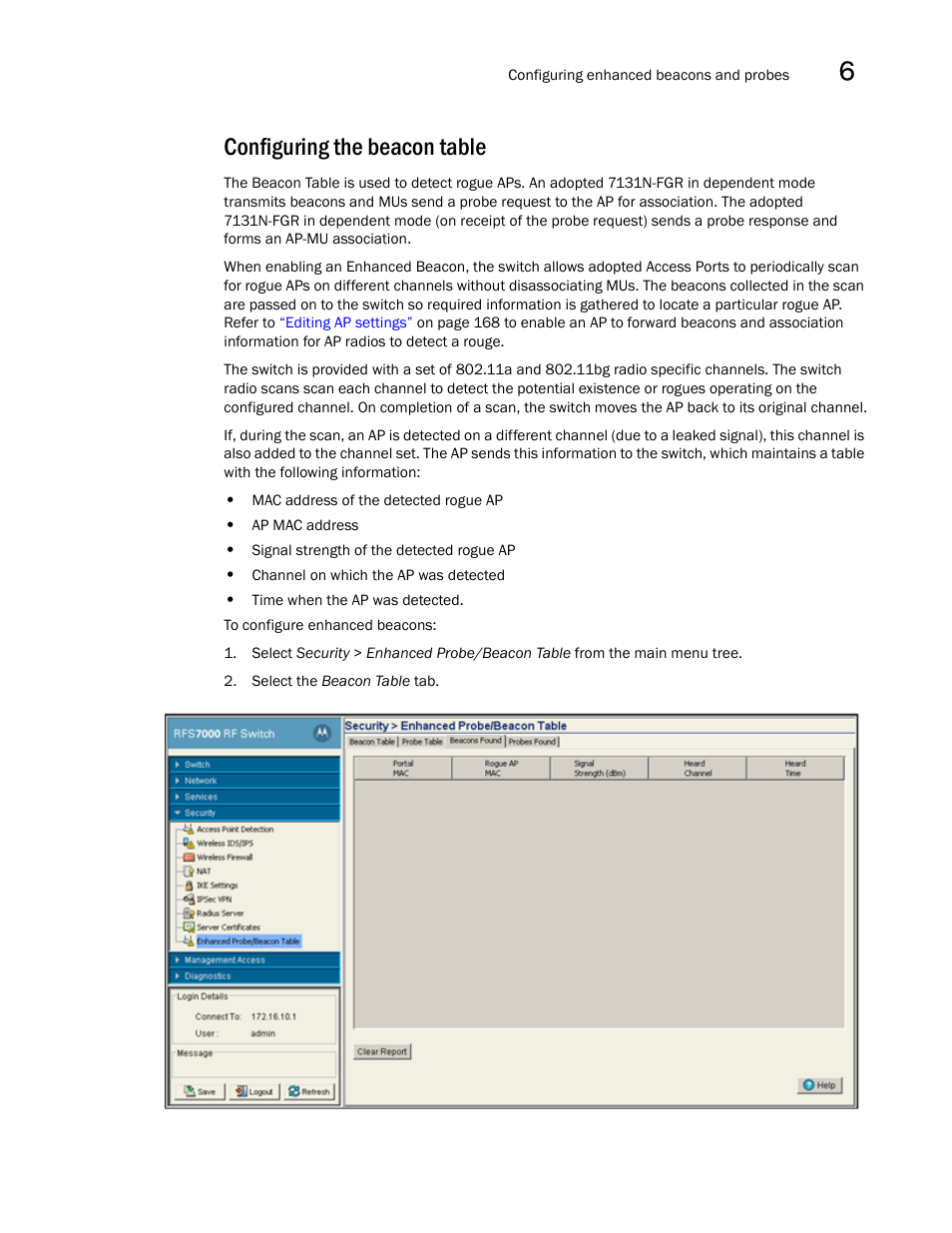 Configuring the beacon table | Brocade Mobility RFS7000-GR Controller System Reference Guide (Supporting software release 4.1.0.0-040GR and later) User Manual | Page 447 / 556