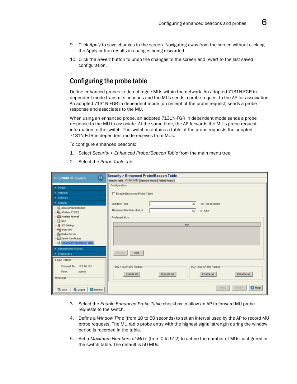 Configuring the probe table | Brocade Mobility RFS7000-GR Controller System Reference Guide (Supporting software release 4.1.0.0-040GR and later) User Manual | Page 449 / 556