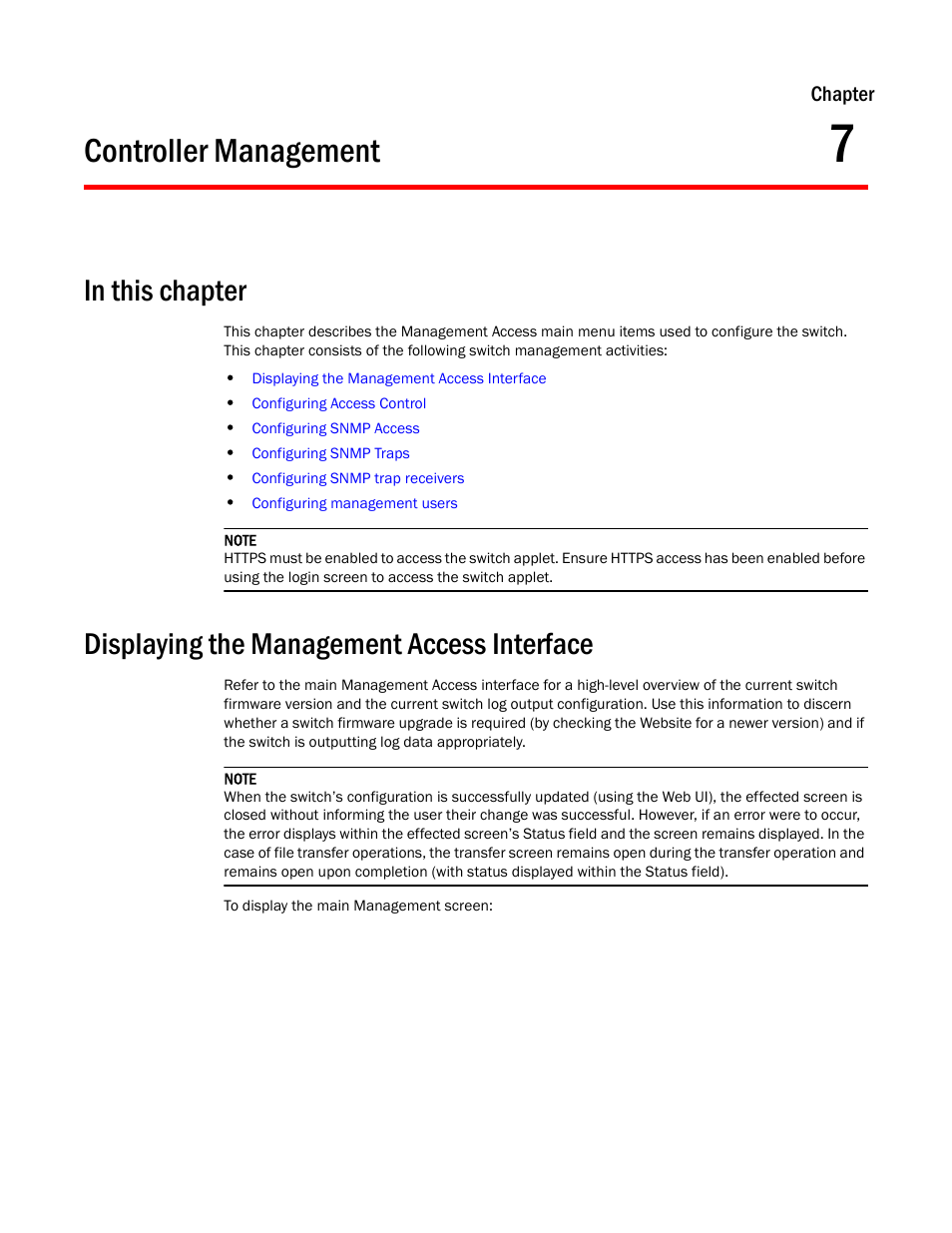 Controller management, In this chapter, Displaying the management access interface | 7 controller management | Brocade Mobility RFS7000-GR Controller System Reference Guide (Supporting software release 4.1.0.0-040GR and later) User Manual | Page 453 / 556