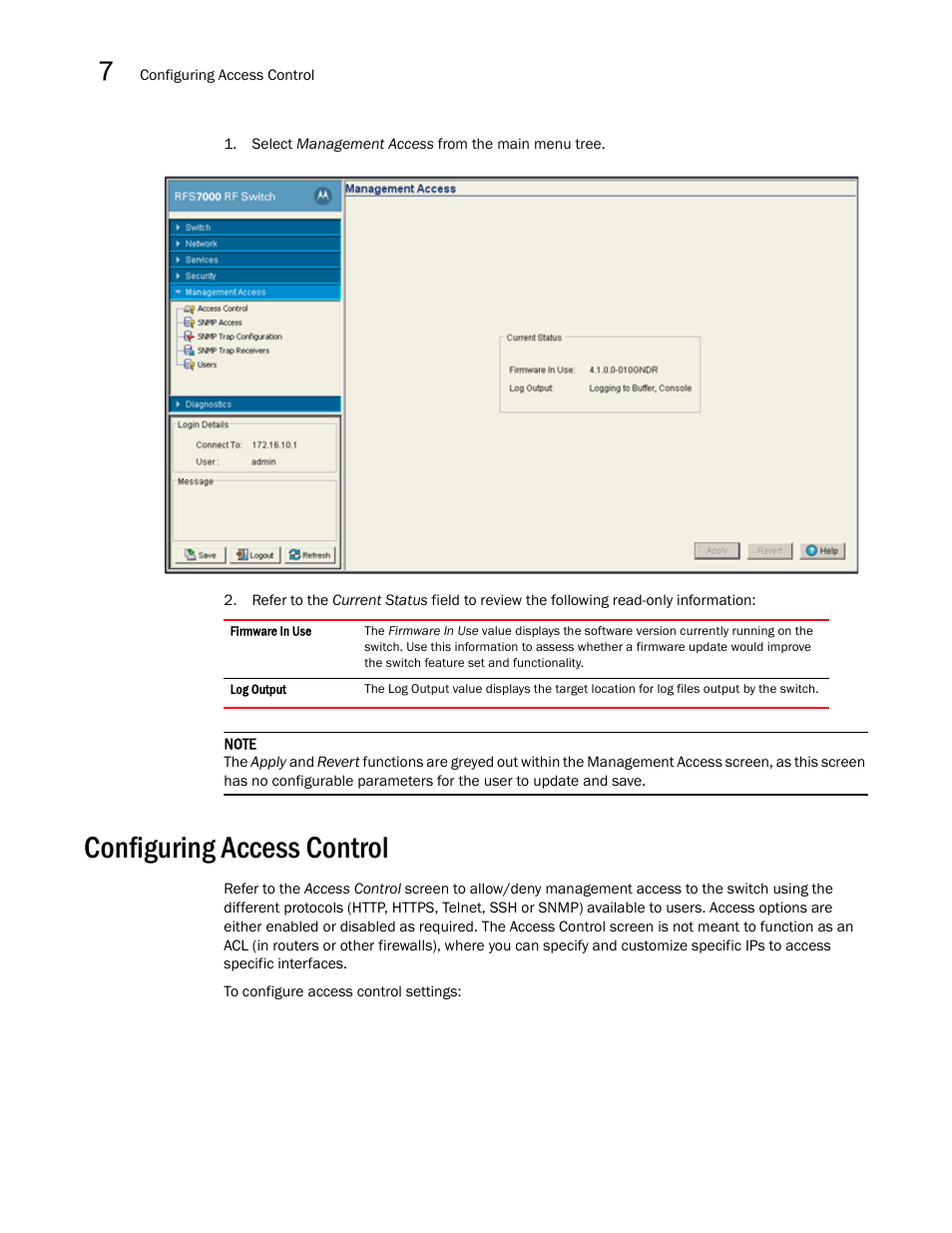 Configuring access control | Brocade Mobility RFS7000-GR Controller System Reference Guide (Supporting software release 4.1.0.0-040GR and later) User Manual | Page 454 / 556