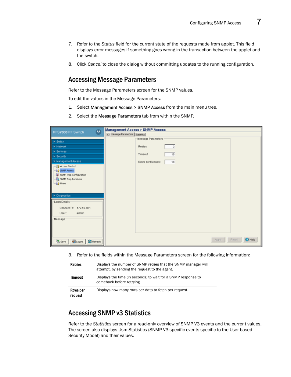 Accessing message parameters, Accessing snmp v3 statistics | Brocade Mobility RFS7000-GR Controller System Reference Guide (Supporting software release 4.1.0.0-040GR and later) User Manual | Page 459 / 556