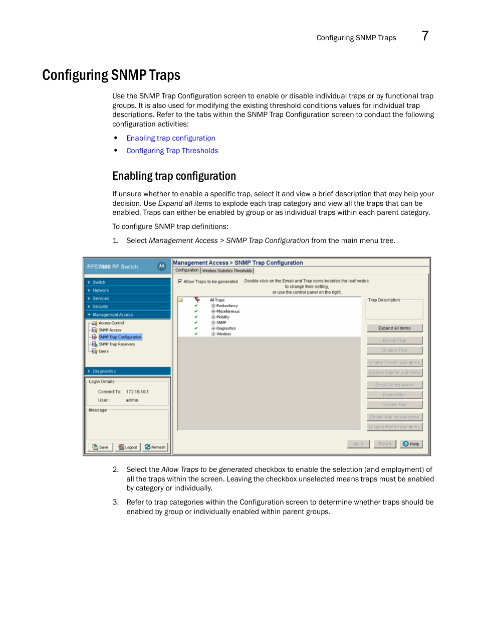 Configuring snmp traps, Enabling trap configuration | Brocade Mobility RFS7000-GR Controller System Reference Guide (Supporting software release 4.1.0.0-040GR and later) User Manual | Page 461 / 556