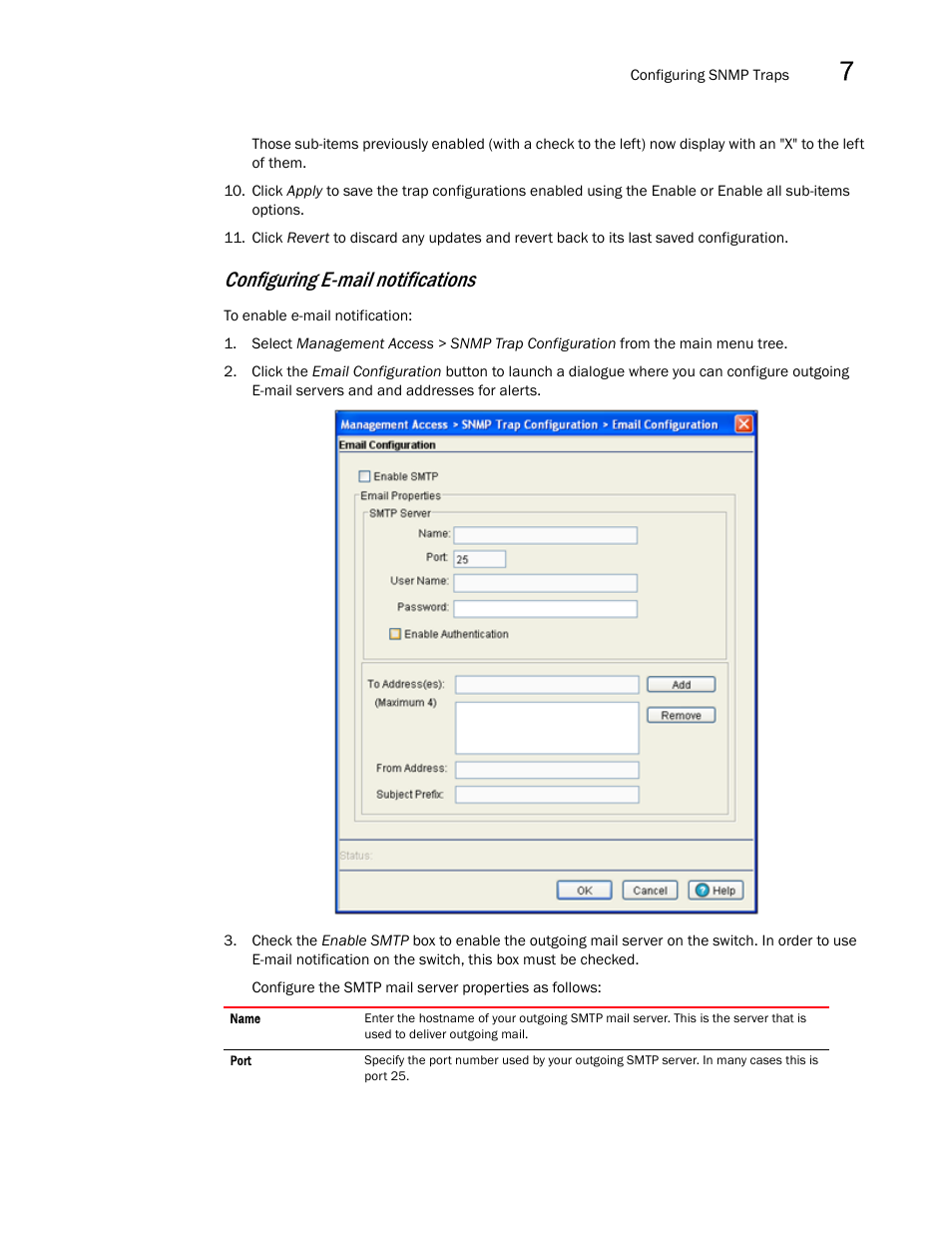 Configuring e-mail notifications | Brocade Mobility RFS7000-GR Controller System Reference Guide (Supporting software release 4.1.0.0-040GR and later) User Manual | Page 463 / 556