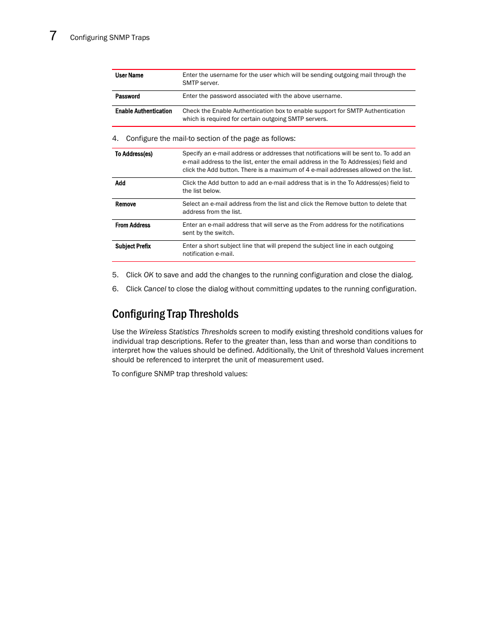 Configuring trap thresholds | Brocade Mobility RFS7000-GR Controller System Reference Guide (Supporting software release 4.1.0.0-040GR and later) User Manual | Page 464 / 556