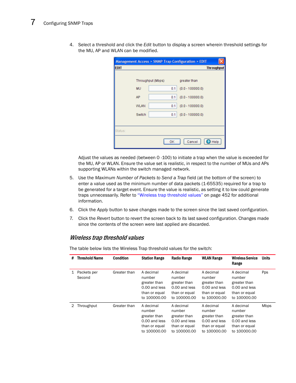 Wireless trap threshold values, Wireless trap, Threshold values | Brocade Mobility RFS7000-GR Controller System Reference Guide (Supporting software release 4.1.0.0-040GR and later) User Manual | Page 466 / 556