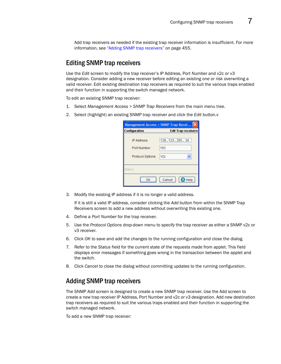 Editing snmp trap receivers, Adding snmp trap receivers | Brocade Mobility RFS7000-GR Controller System Reference Guide (Supporting software release 4.1.0.0-040GR and later) User Manual | Page 469 / 556