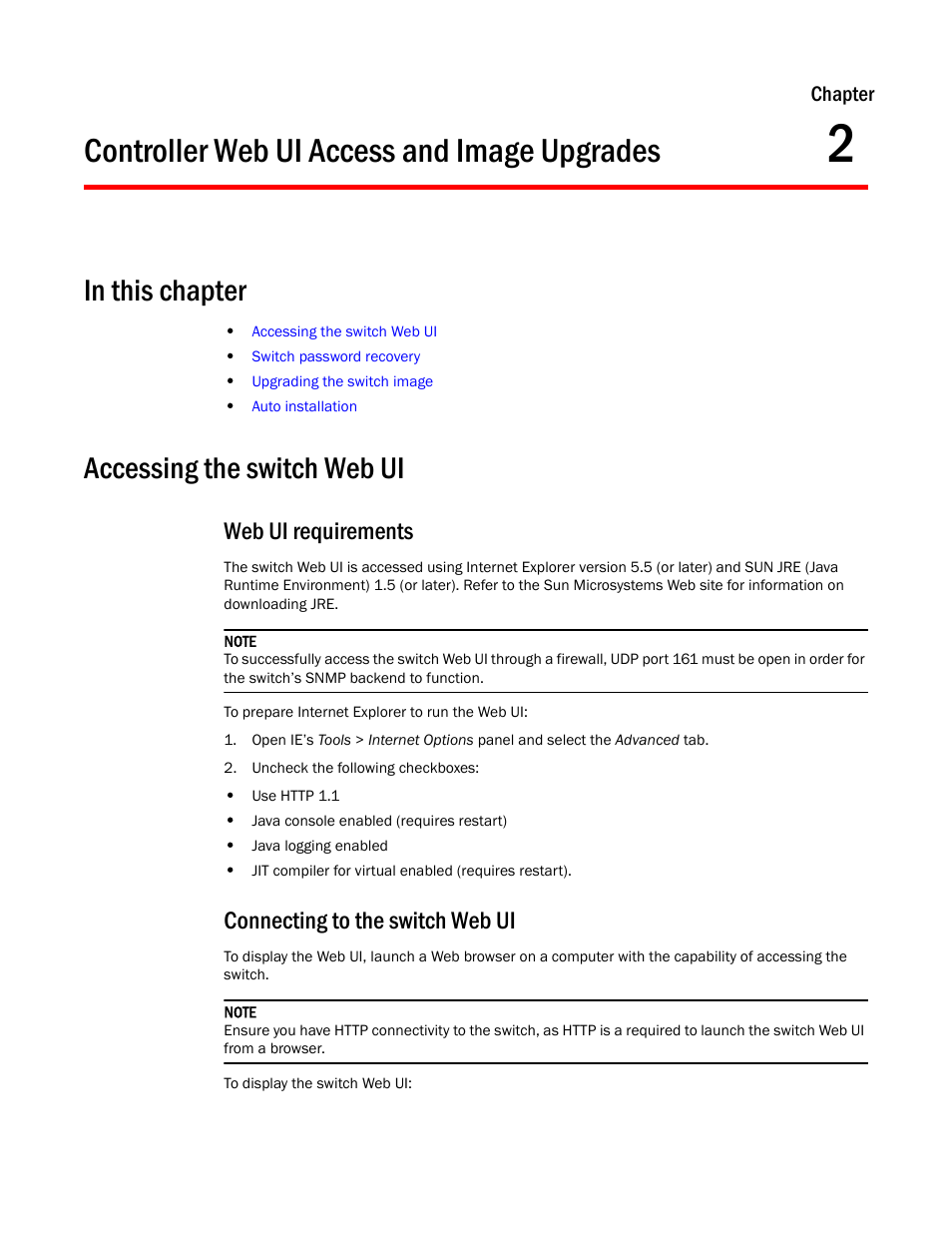 Controller web ui access and image upgrades, In this chapter, Accessing the switch web ui | Web ui requirements, Connecting to the switch web ui, 2 controller web ui access and image upgrades, In this chapter accessing the switch web ui | Brocade Mobility RFS7000-GR Controller System Reference Guide (Supporting software release 4.1.0.0-040GR and later) User Manual | Page 47 / 556