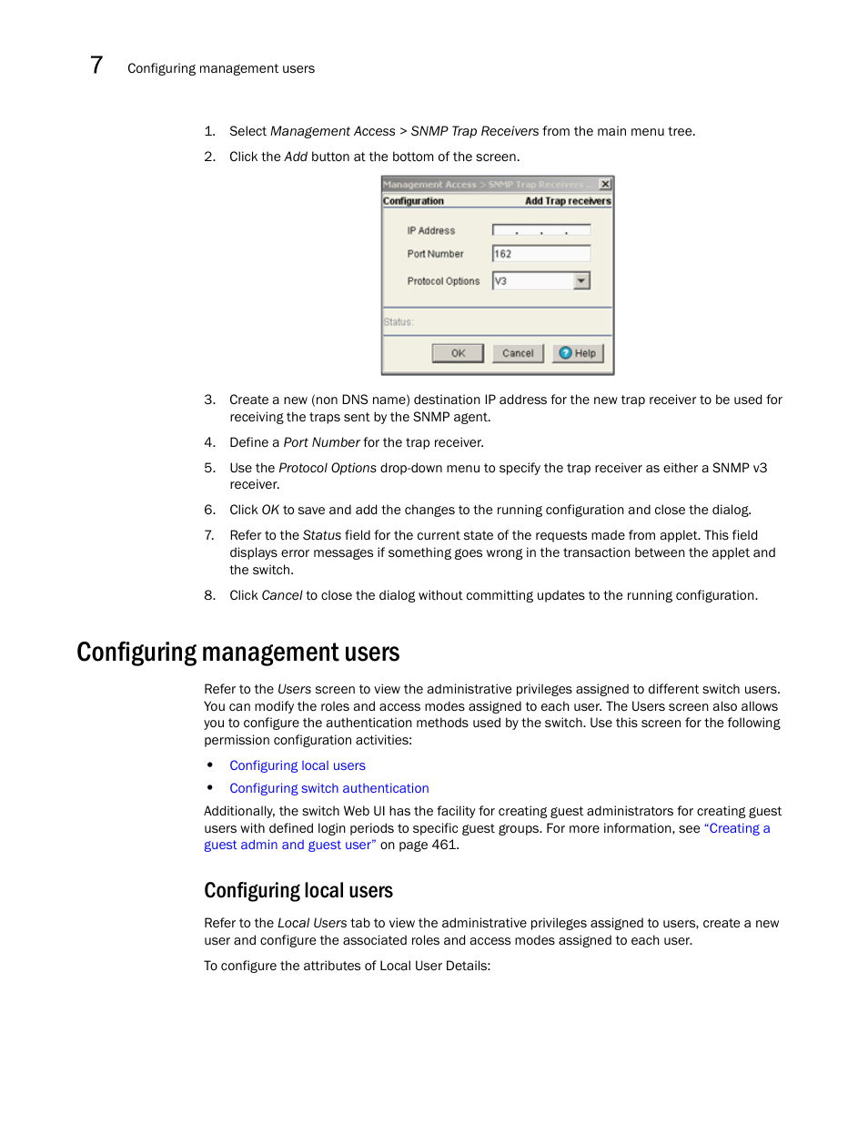 Configuring management users, Configuring local users | Brocade Mobility RFS7000-GR Controller System Reference Guide (Supporting software release 4.1.0.0-040GR and later) User Manual | Page 470 / 556